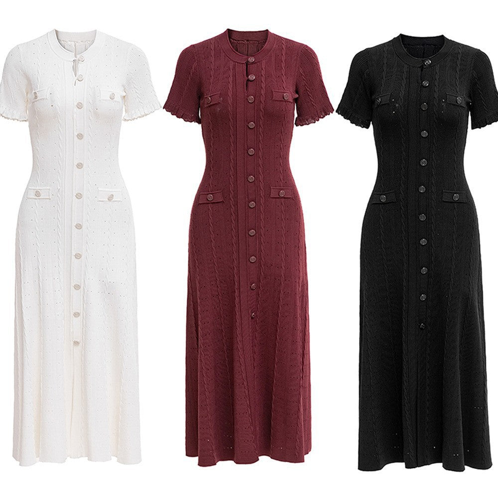 Sandro Elegant Button-Front Midi Dress in Ribbed Eyelet Knit