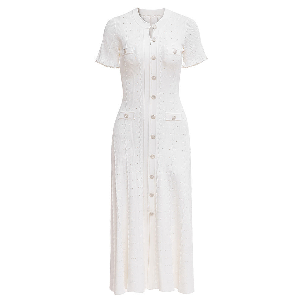 Sandro Elegant Button-Front Midi Dress in Ribbed Eyelet Knit