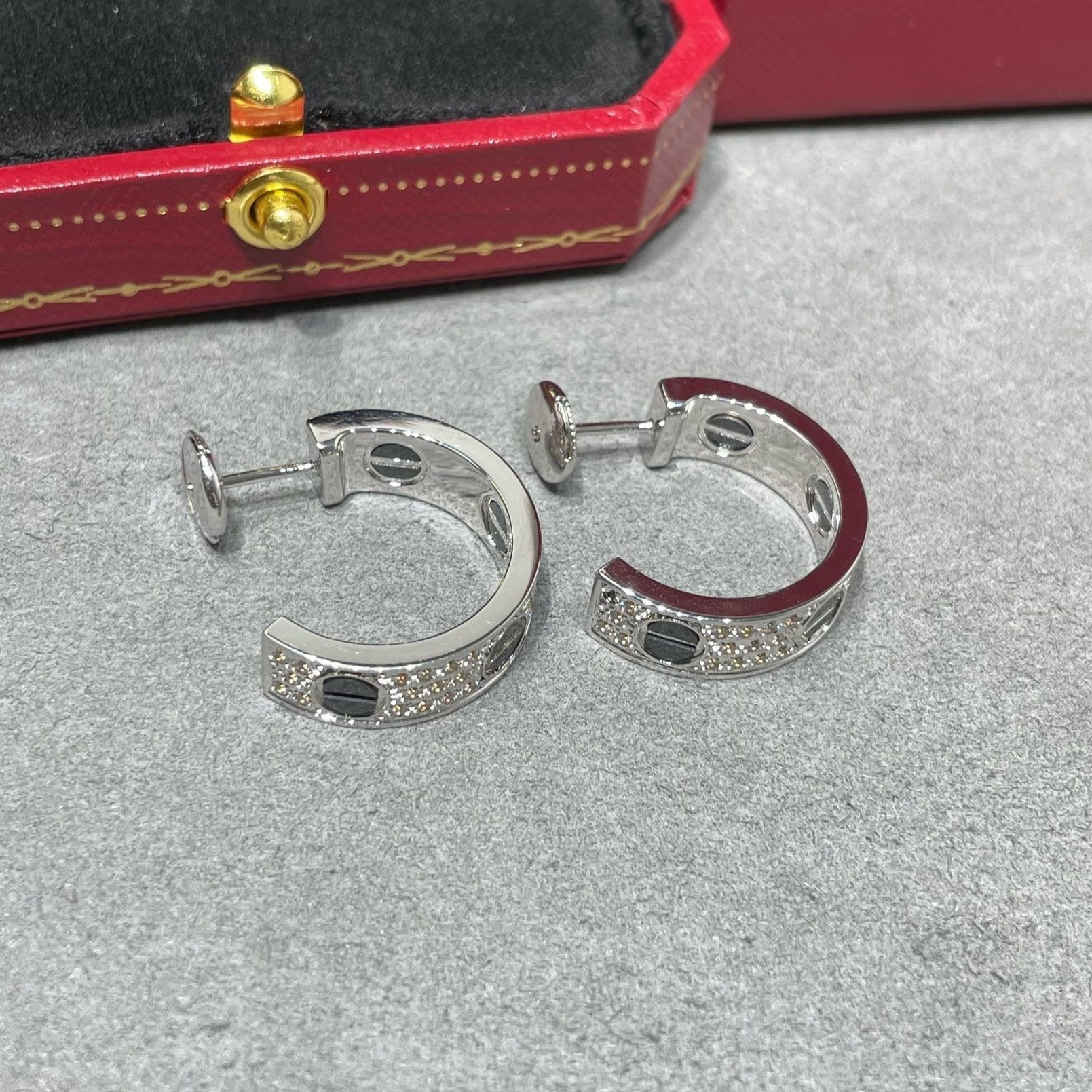 CARTIER LOVE CERAMIC DIAMOND PAVED SILVER EARRINGS