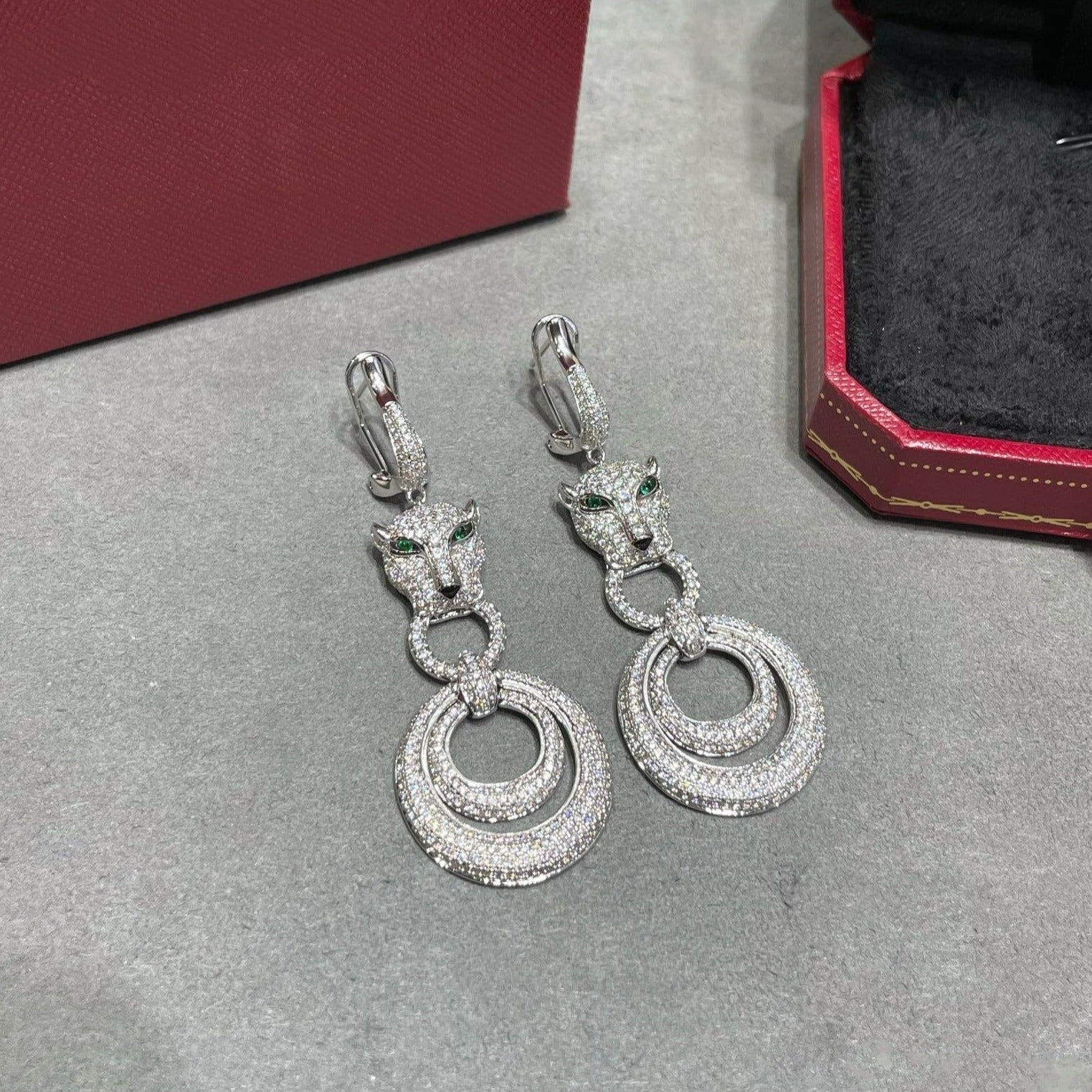 CARTIER PANTHERE DE CARTI SILVER DIAMOND DROP EARRINGS