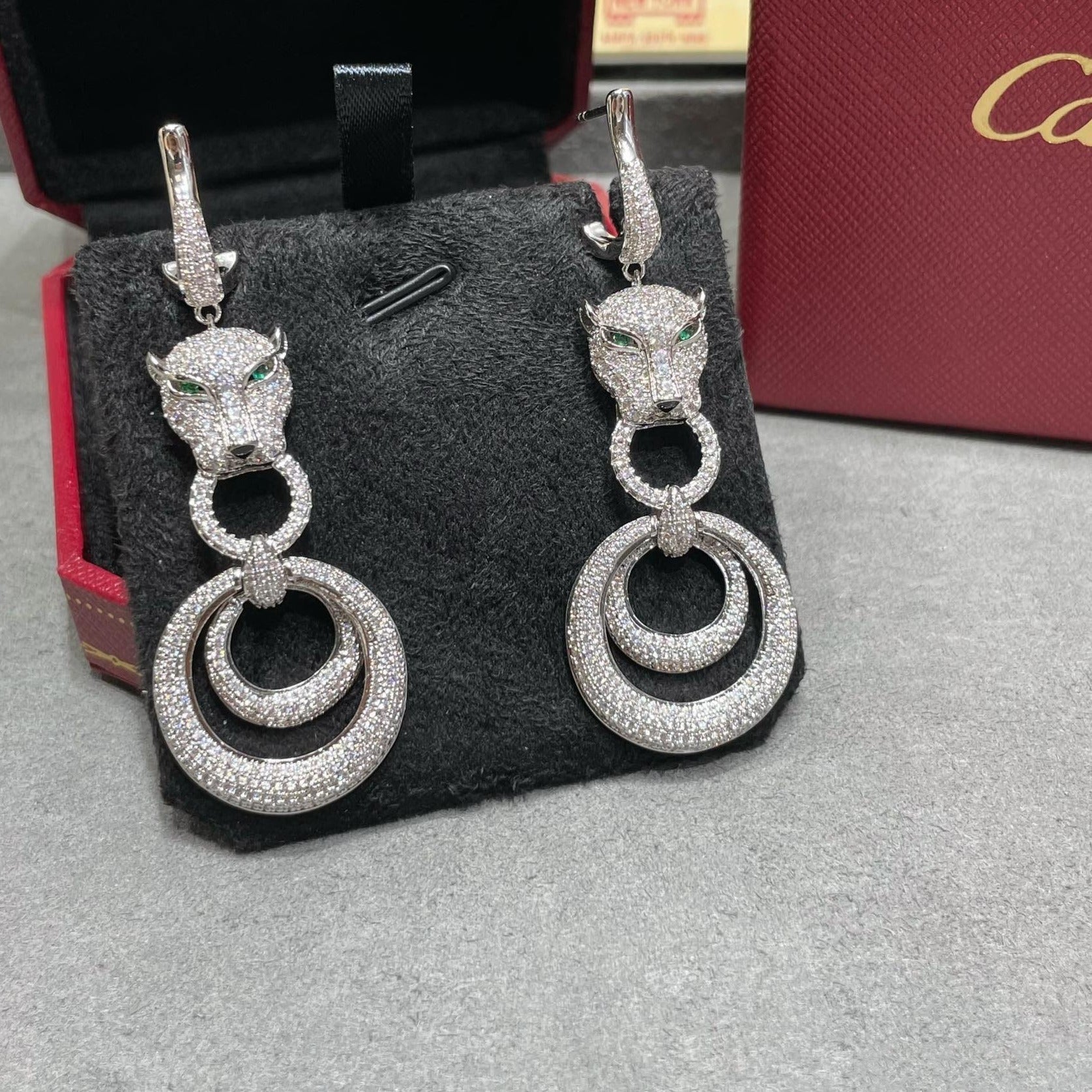 CARTIER PANTHERE DE CARTI SILVER DIAMOND DROP EARRINGS