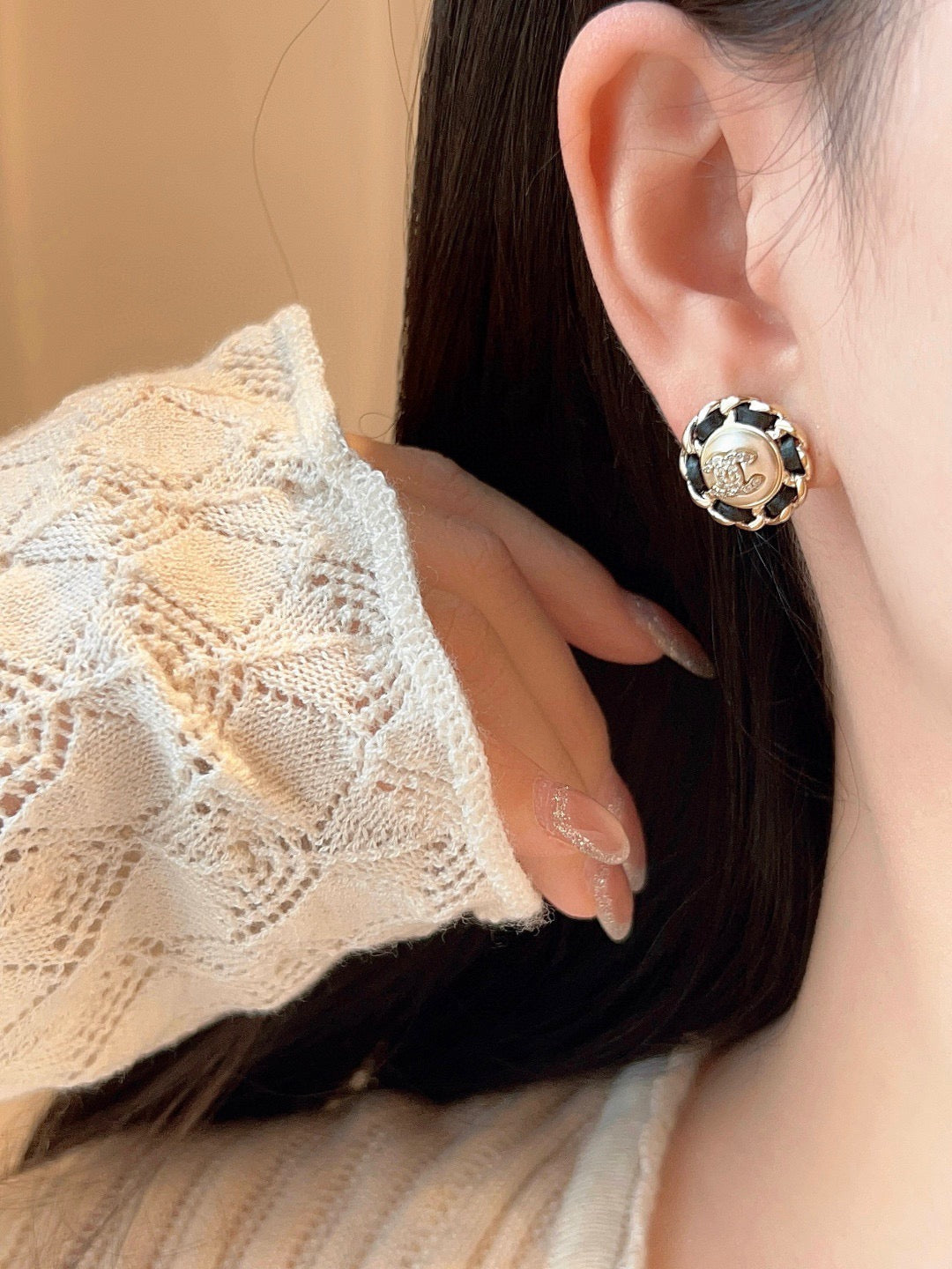 Chanel Black Leather Button Necklace Earrings